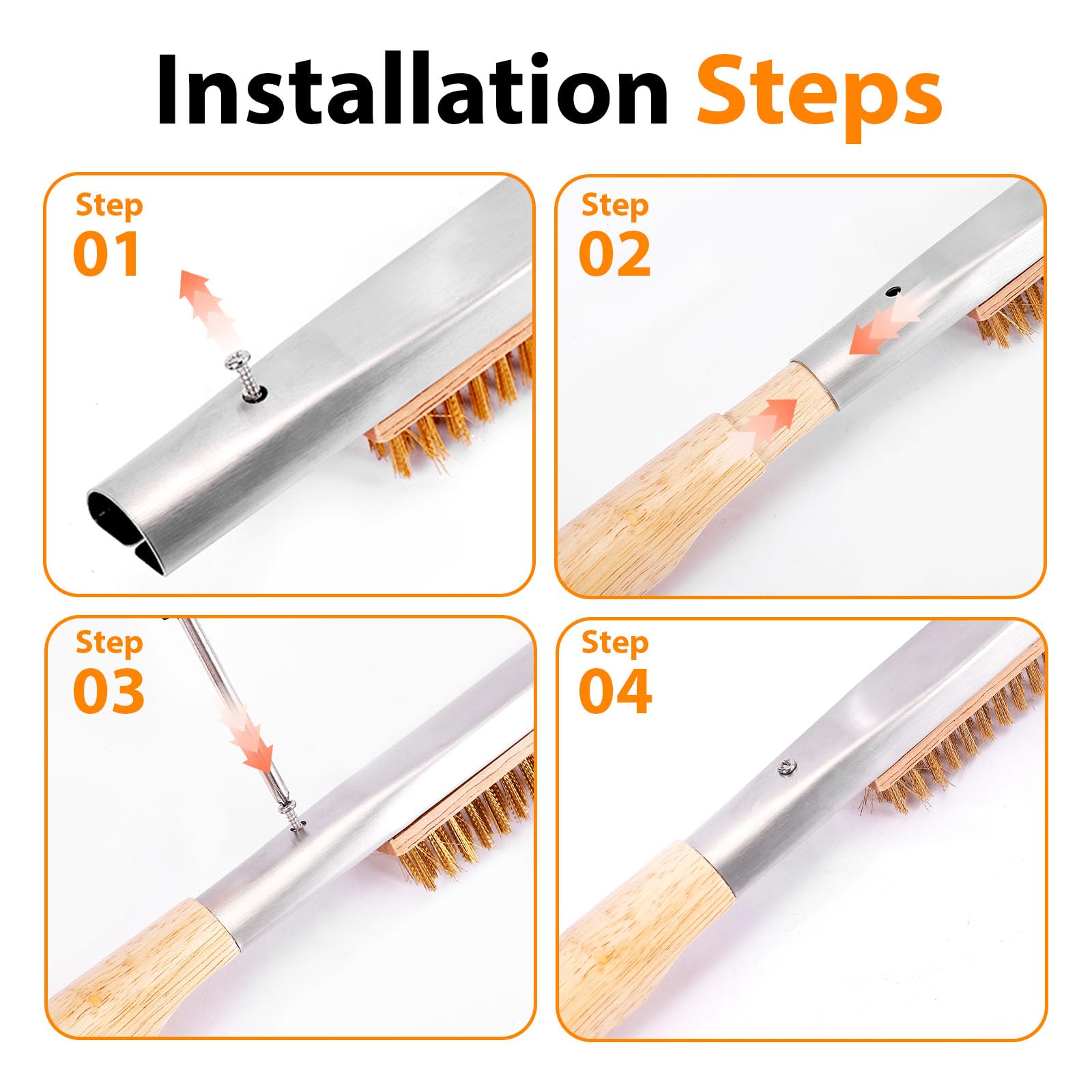 Brosse de Four à Pizza avec Grattoir, Outil de Nettoyage 53 cm, Poils en Laiton Résistants à la Chaleur et Manche en Grille Barbecue, Boispour Pierre à Pizza et Fours Extérieurs