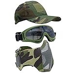 Yzpacc Airsoft Half Face Mask with Goggles Patch Hat Set Tactical Masks Full Face Ear Protective Baseball Cap for CS Halloween and Game