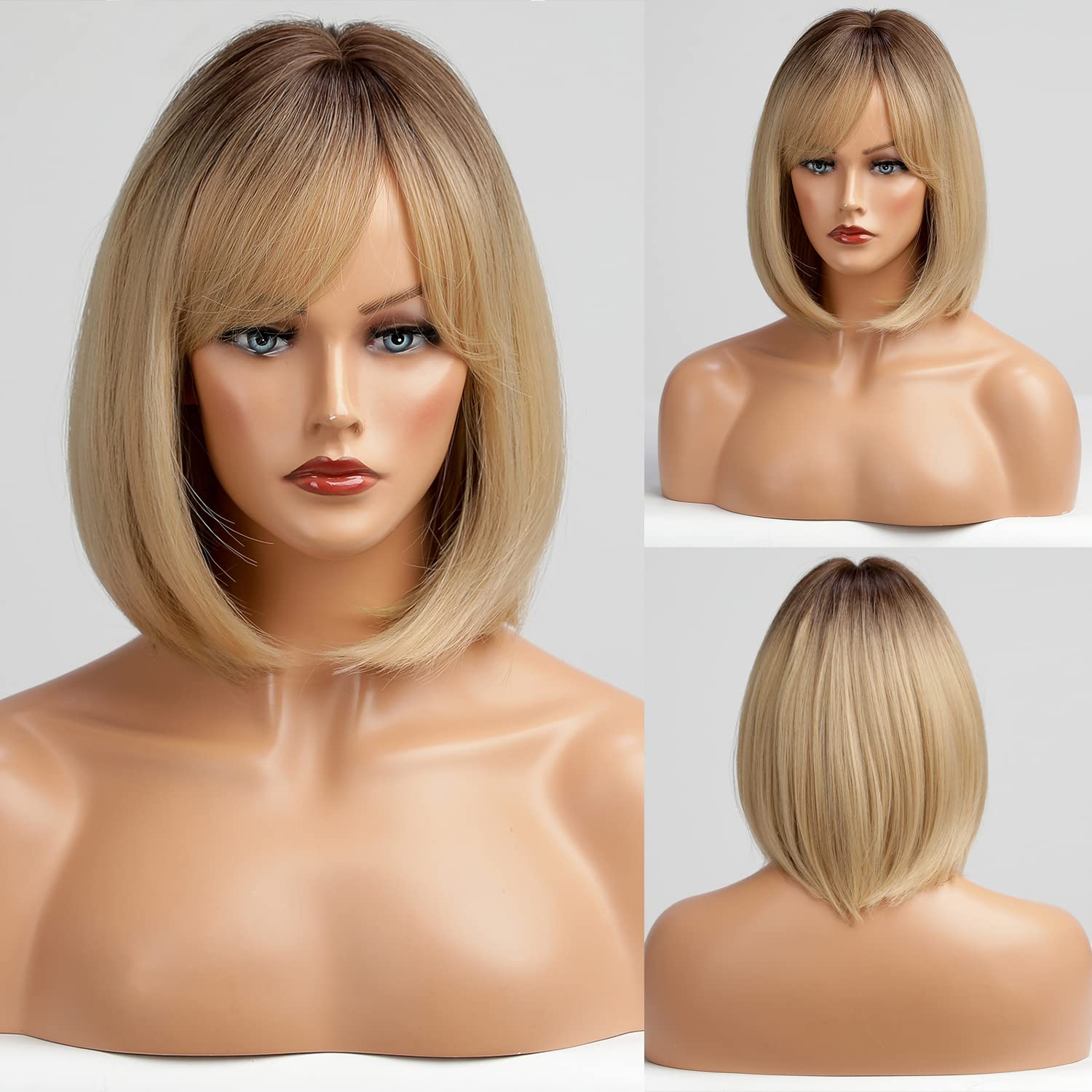HAIRCUBE Blonde Bob Wig with Bangs Short Bob Wigs for Women Short Blonde Wig with Dark Roots Heat Resistant Synthetic Wig Natural Looking for Daily Use - Image 3