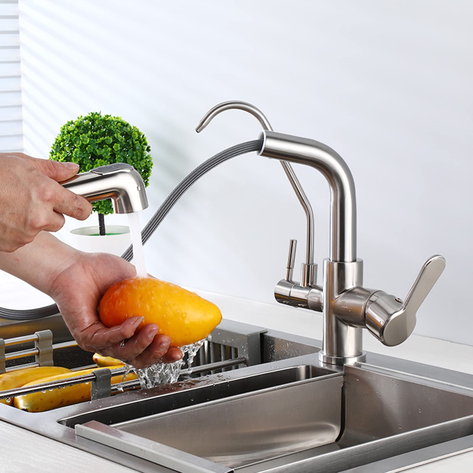 WDSOPK 3 way kitchen tap brass with pull out spray multifunction kitchen water purifier faucet brushed c (C A)