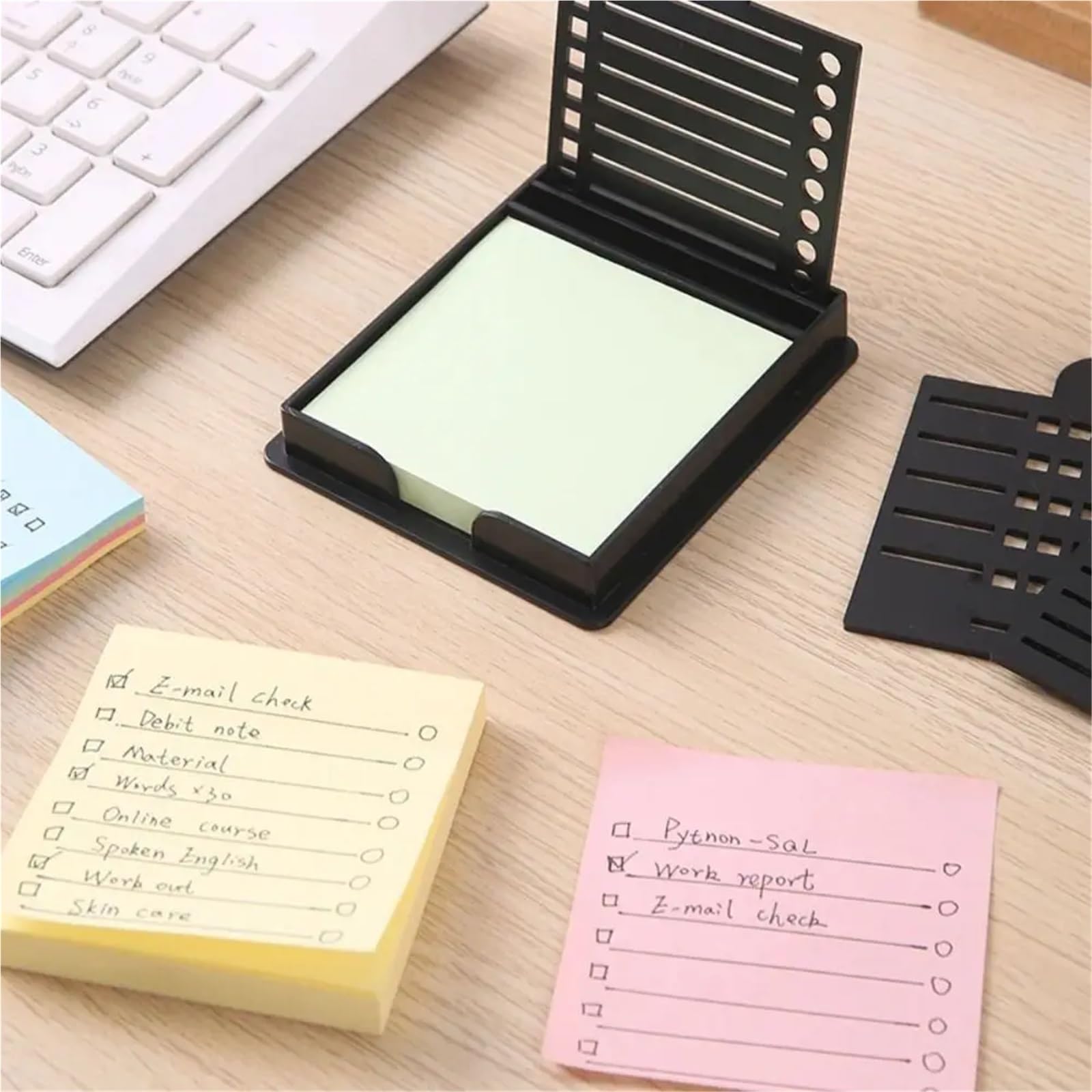 Organizador de escritorio para notas adhesivas, juego de 4 soportes 5 en 1 con plantilla multiusos para ahorrar espacio