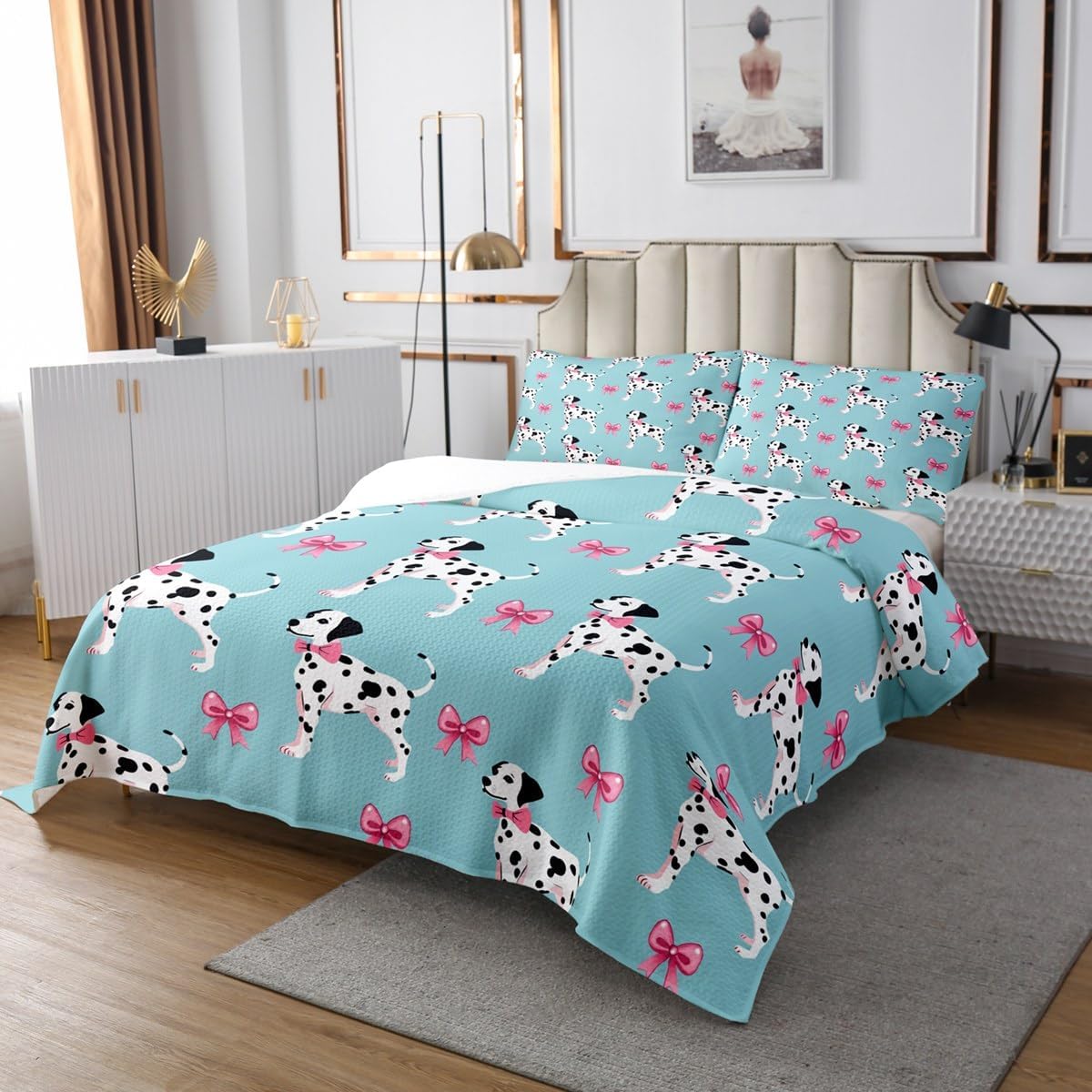 Erosebridal Dalmatian Twin Bedding Set,Spotted Dog Bowknot Quilt for Kids Girls Teen,Cute Pink Bow Knot Quilts Bed Set,Kawaii Puppy Dog Bedspread Room Decor with 1 Pillowsham
