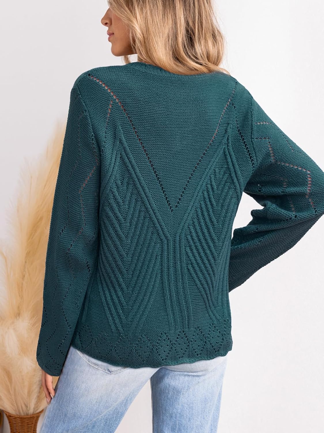 CUPSHE Womens Sweaters Long Sleeve Scalloped V Neck Casual Sweater Trendy Hollow Out Sweater Tops - Image 2