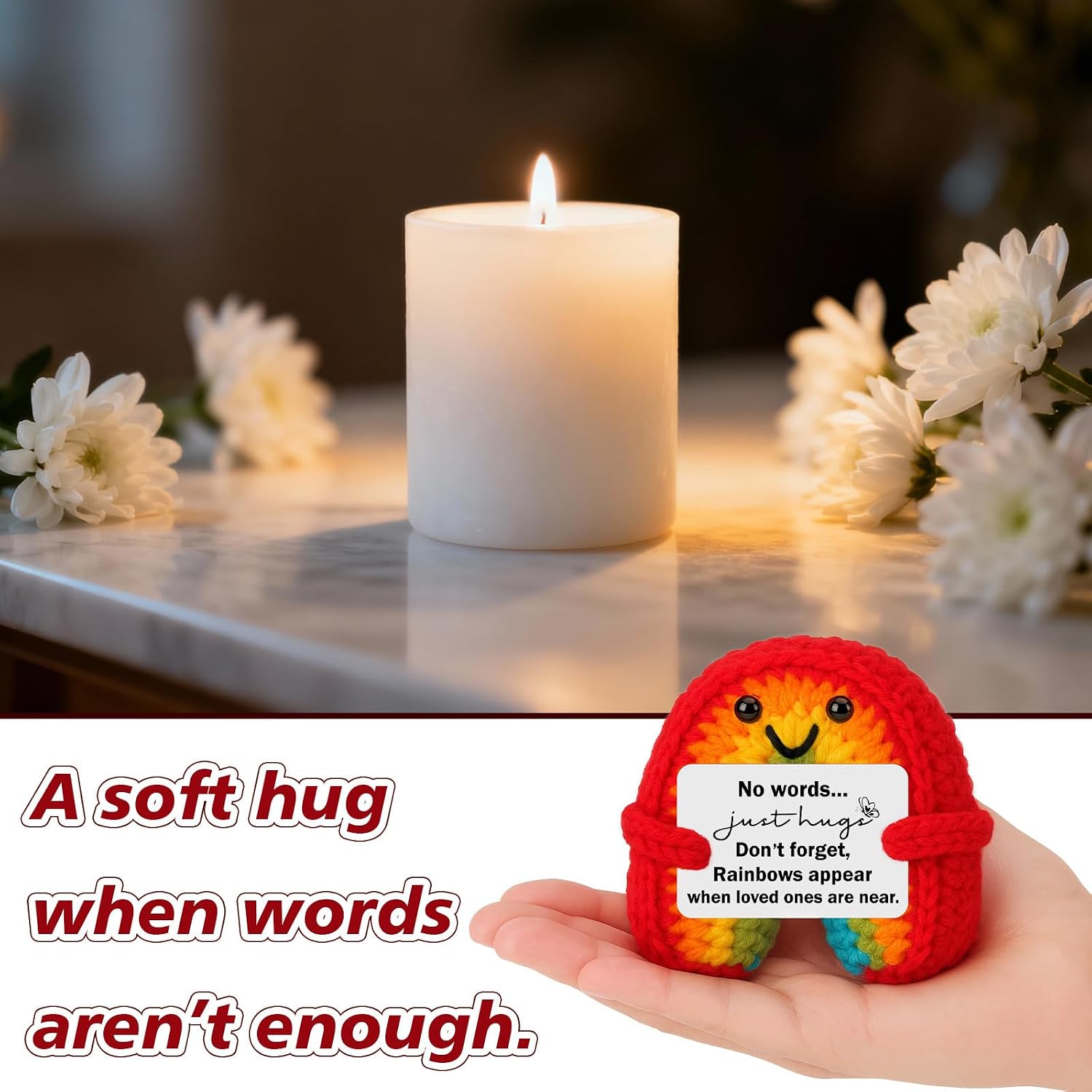 Sympathy Memorial Bereavement Gifts - No Words, Just Hugs, Handmade Crochet Rainbow Grief Grieving Gift for Loss of Loved One Mom Dad Women Men Father Mother Pets Dog Cat