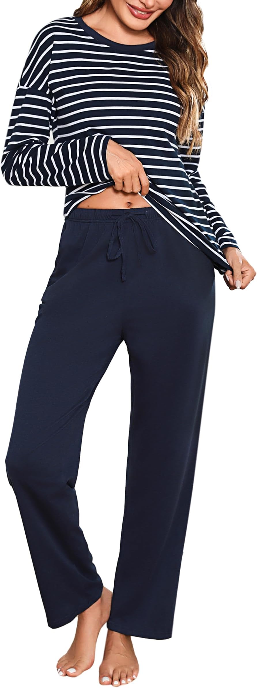 Ladies Pyjamas Cotton Long Sleeve Two Piece Pjs Set for Women Winter Warm Strip Nightwear Elasticated Waistband Sleepwear with Pockets
