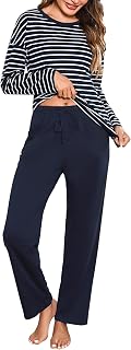 Schlafanzug Damen Lang Baumwolle Rundhals Gestreift Pyjama Set Nachtwäsche für Frauen