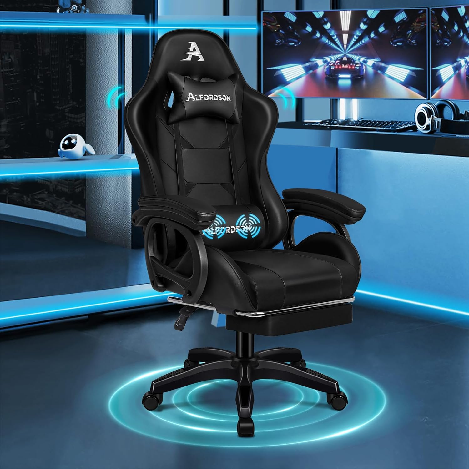 ALFORDSON Massage Gamer Chair Computer Office Chair with Footrest 2-Point Massage Chair 180 kg Load Capacity 90-150  Backrest Adjustable Ergonomic PC Chair 360  Rotatable Black