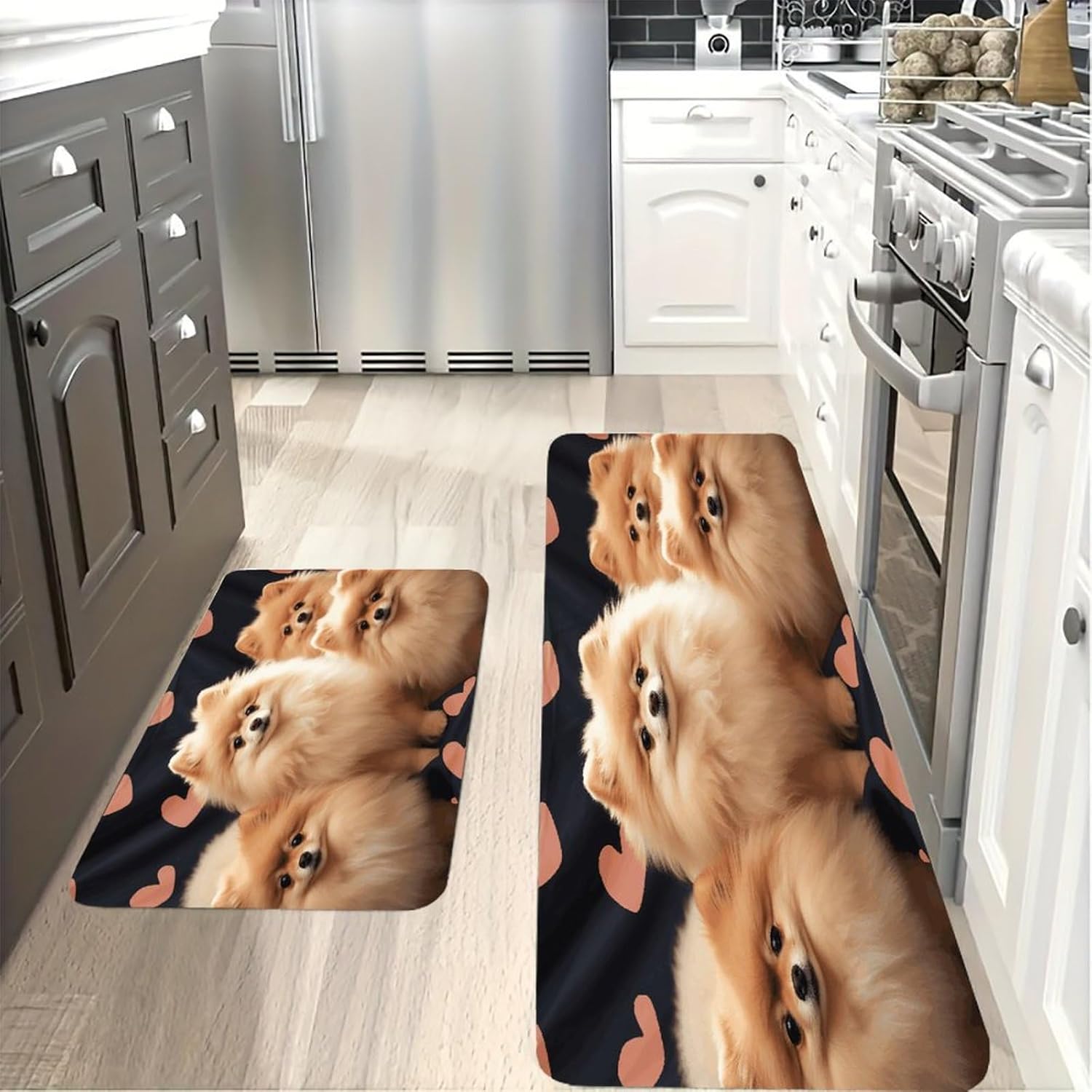 Pomeranians Puppies Kitchen Mat Washable Non Slip Rugs Soft Kitchen Mats for Floor Set of 2 PCS Cushioned Absorbent Runner Standing Rugs for Home Sink Laundry Office
