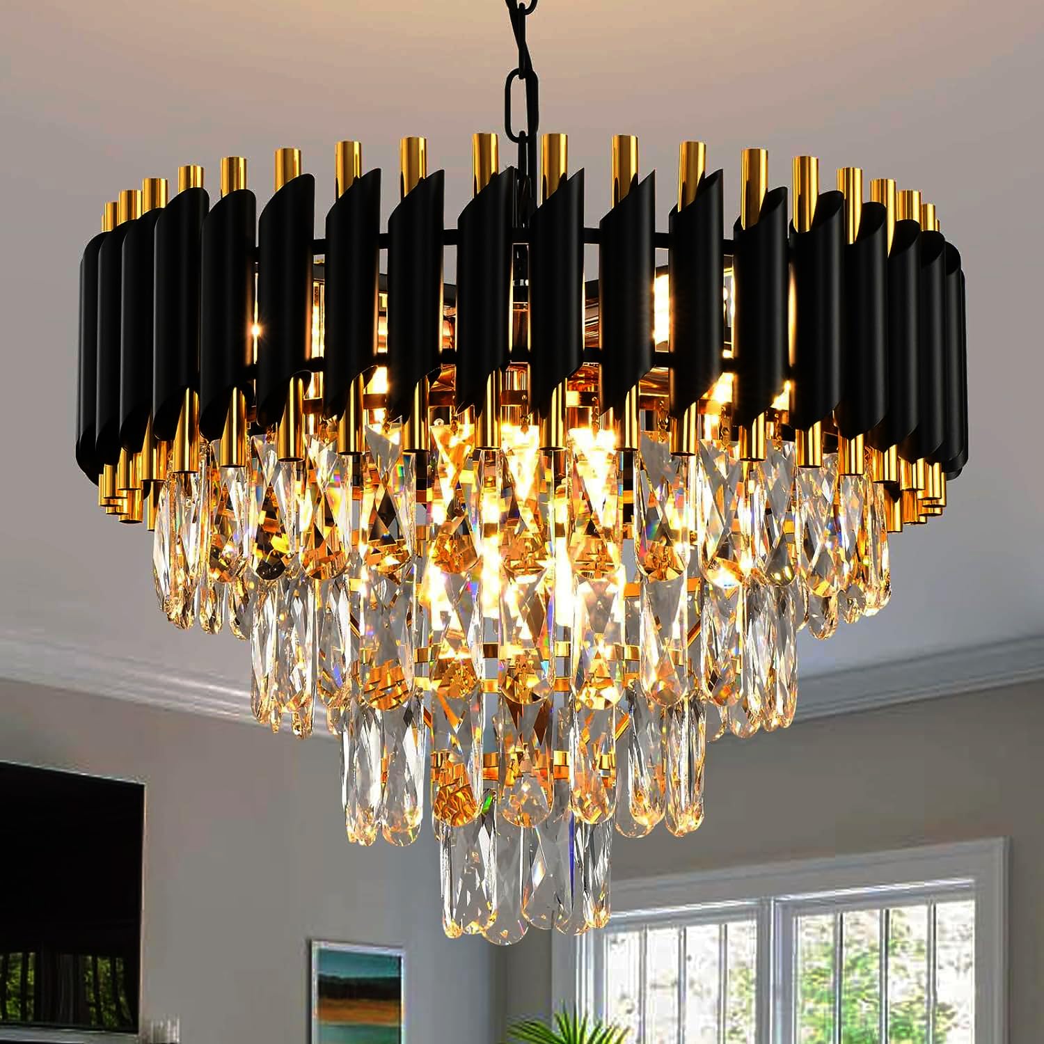 DREAMY DESIGNS Chandelier Lights for Ceiling Black Gold 500 MM 4-Tier Crystal Chandeliers for Living Room with 3 Mode LED Light Plate for Hall Modern Jhumar Designer Bedroom and Dining Room