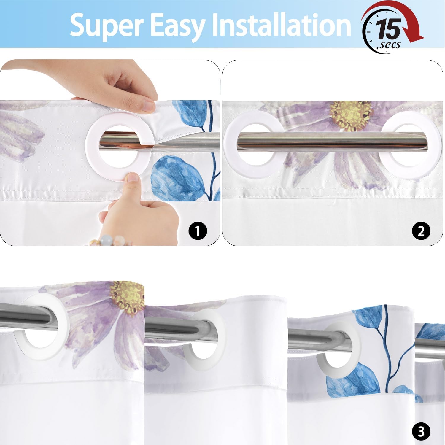 No Hook Shower Curtain and Liner Set, Watercolor Blue Floral Shower Curtains for Bathroom, Modern Hotel Bathroom Curtain Sets with Snap in Liner, 71x74 Inches