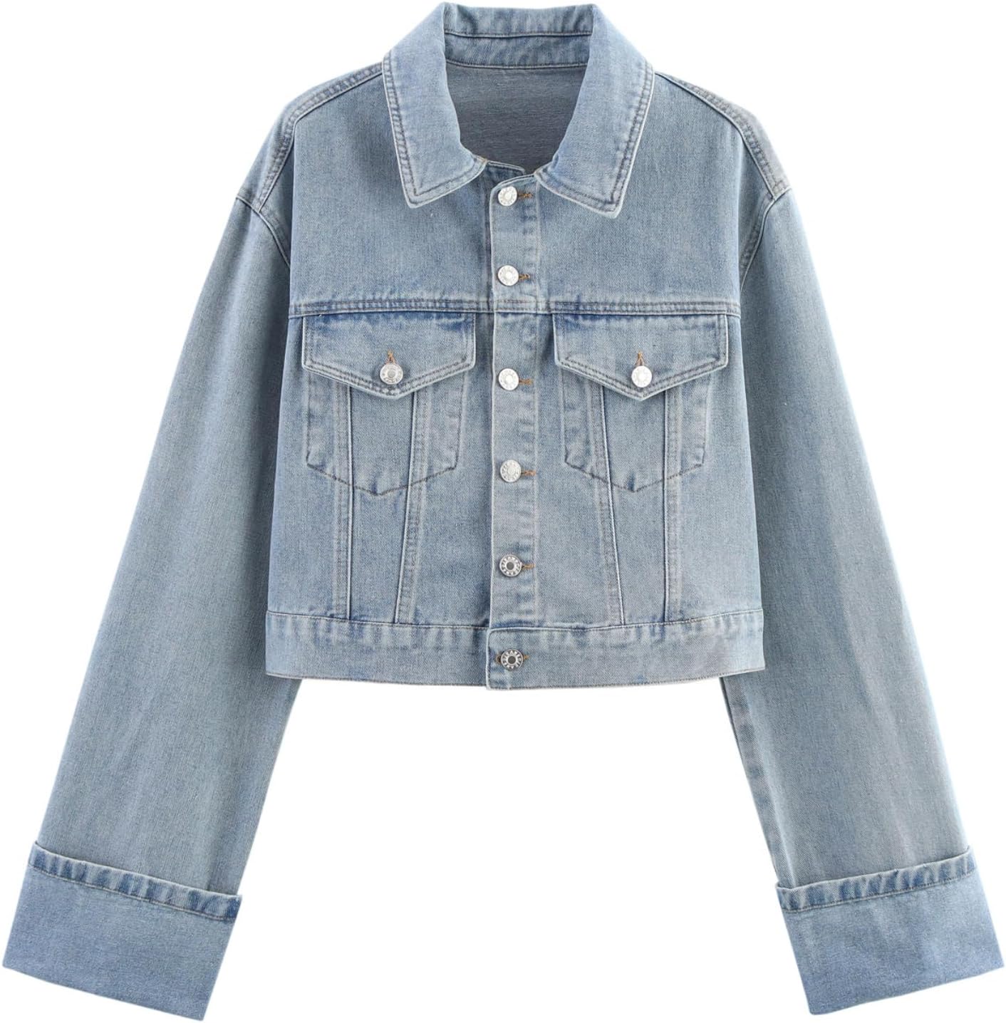 Women's Cropped Denim Jacket Button Up Long Sleeve Turn-Up Cuff Jean Jacket Women Coat