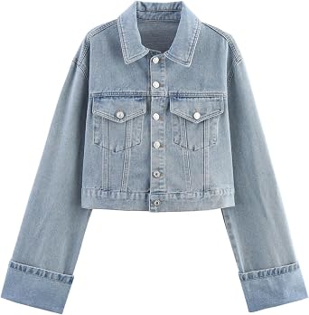 Womens Cropped Denim Jacket Button Up Long Sleeve Turn-Up Cuff Jean Jacket Women Coat