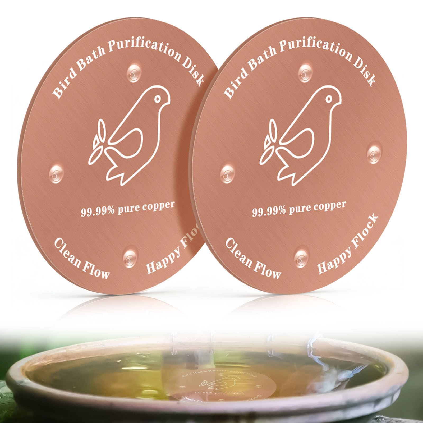 2Pcs 99.99% Pure Copper Purification Disk,0.7mm Thick Bird Bath Copper Disk,100mm Diameter Self-Cleaning Design Keeps Water Fresh Year-Round,Suitable for All Birdbath Bowls