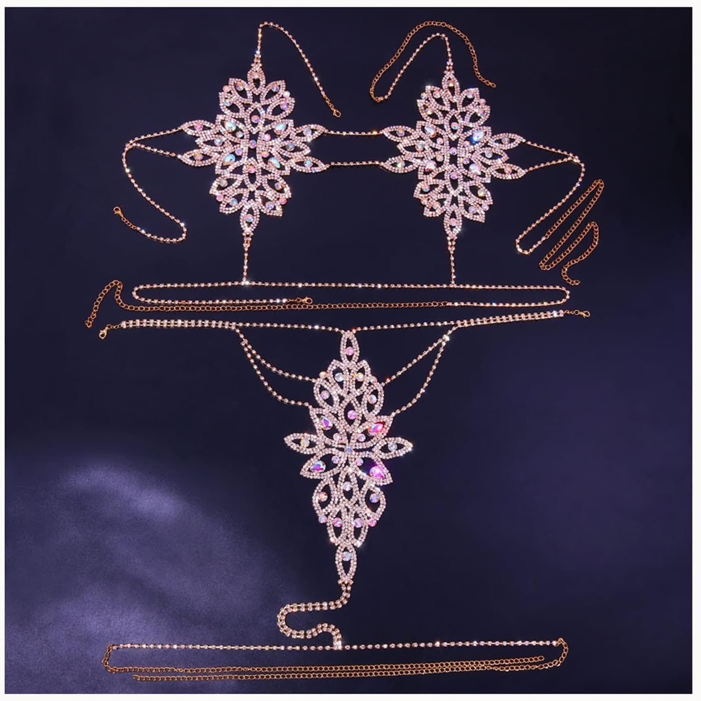 セクシーなクリスタルラインストーンブラボディチェーンビキニsetfashionビキニチェーンネックレス中空下着ブラデザインサマービーチ Color Gold 輝い