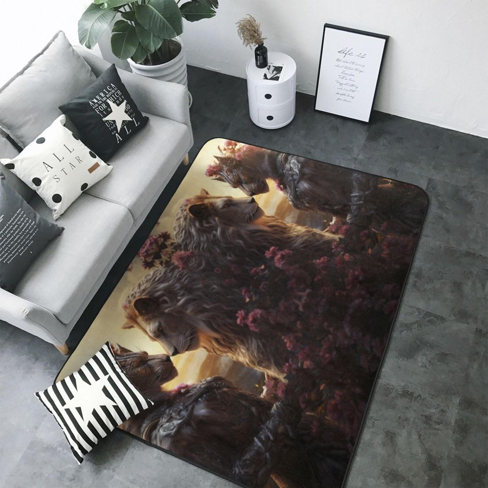 Tapis de salon lavable et doux motif couple de lions pour chambre 122x177 cm