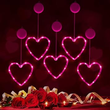 Baquler 5 Pcs Timed Window Lights Hanging Red Heart Lights with Suction Cup Battery Operated Heart LED for Anniversary Wedding Home DecorPink