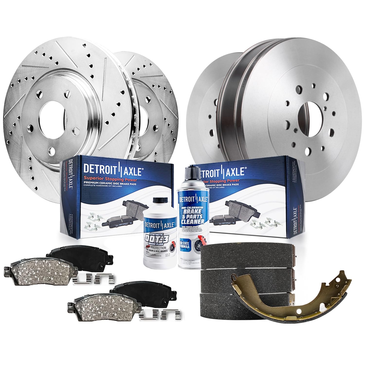 Detroit Axle - Front &amp; Rear Brake Kit for 2004-2010 Toyota Sienna | Drilled &amp; Slotted Disc Brake Rotors Ceramic Brakes Pads Rear Drums Brakes Brake Shoes 2005 2006 2007 2008 2009 Replacement