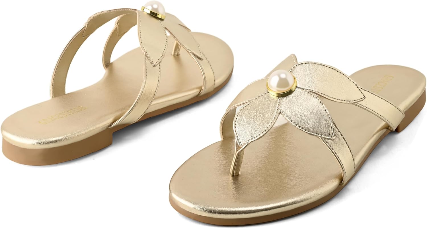 Flat Sandals for Women Pearl Slides Flower Flip Flops Round Toe Comfortable Beach Dressy Shoes