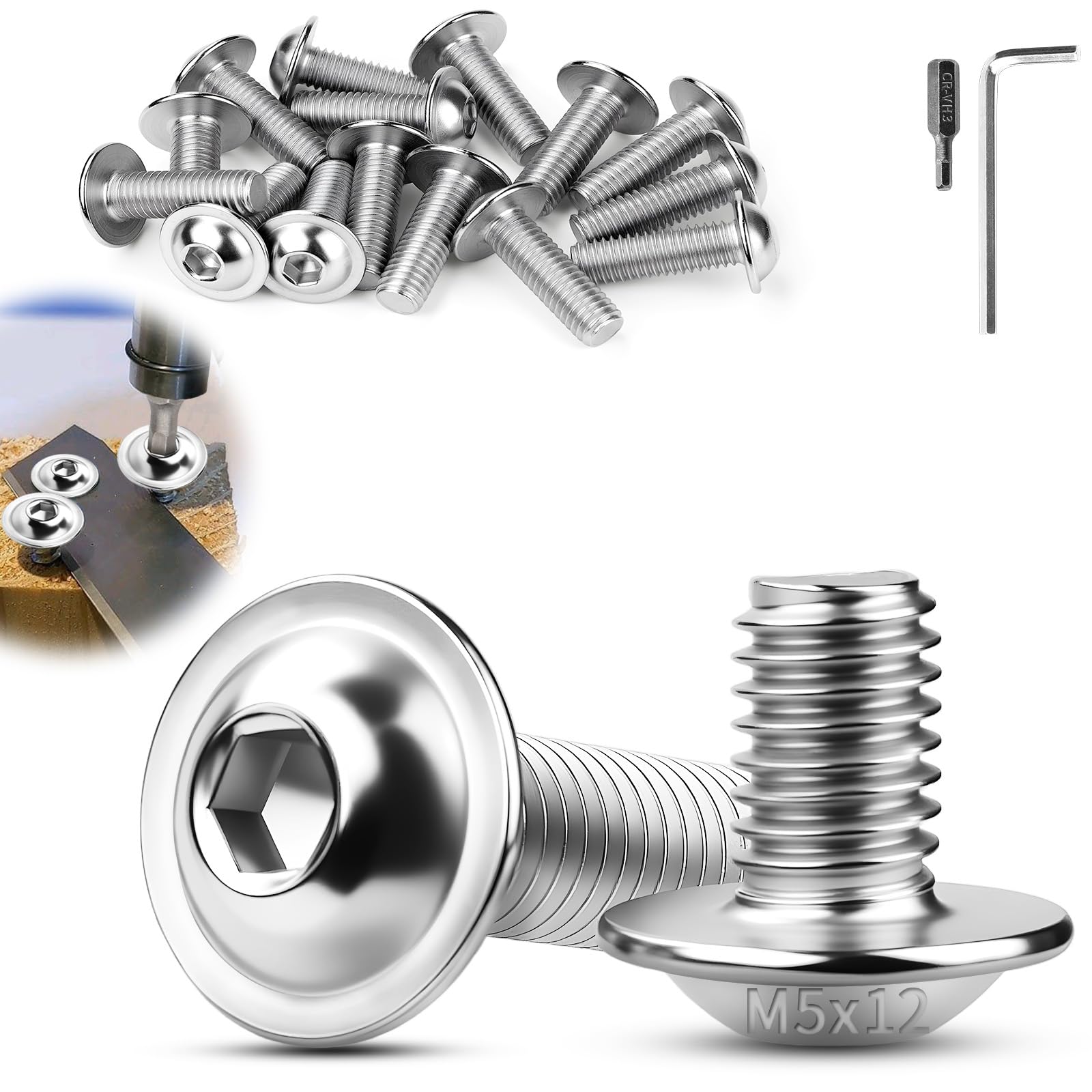 TXXATX M5 Bolts, M5x12 mm Flanged Button Head Socket Cap Screws, 30 Pcs Pan Head Screws, 304 Stainless Steel Bolts with Allen Key & Bit for Furniture, Motorbike Fairings, Outdoor Garden & 3D Printers