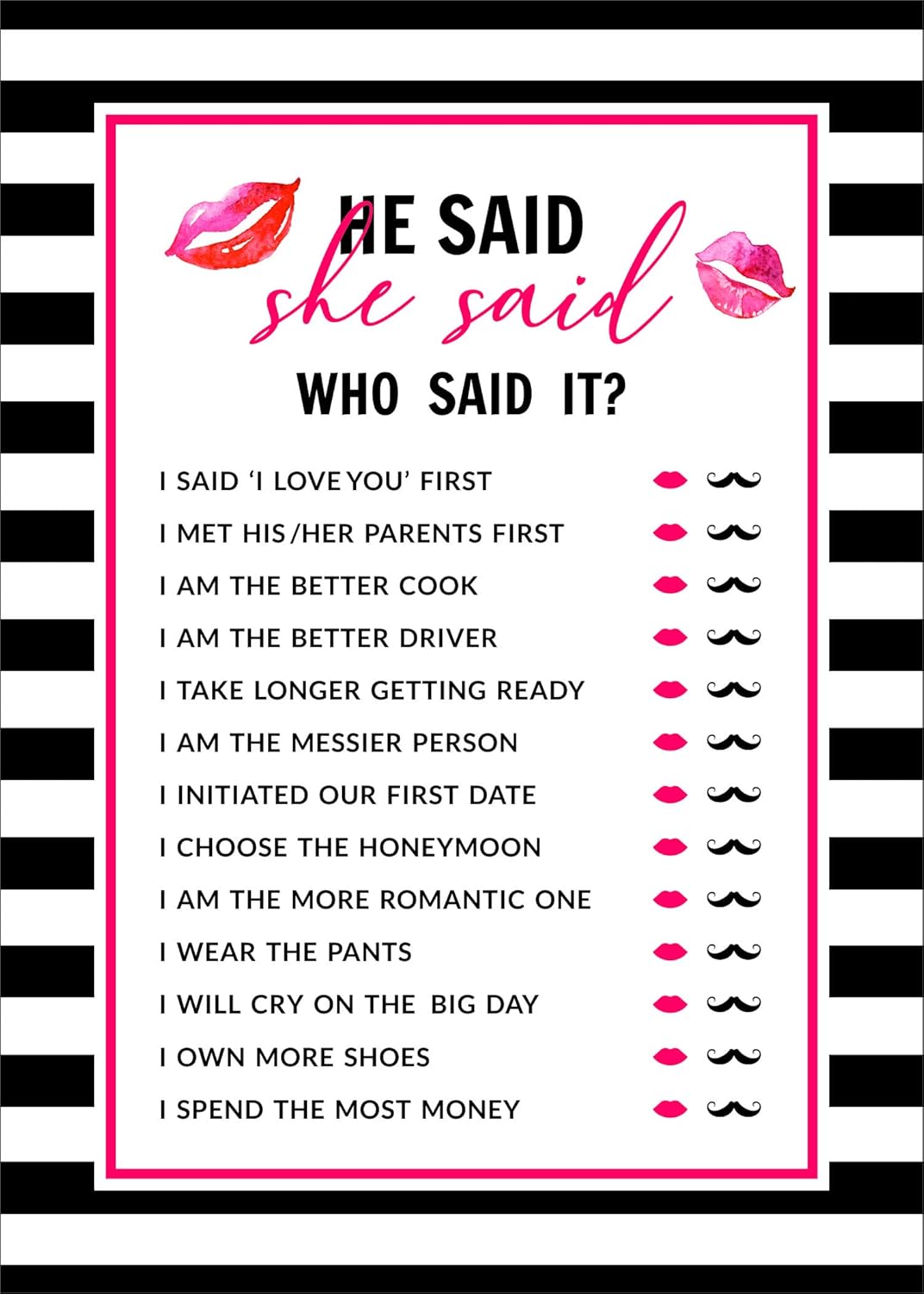 Striped Theme Bridal Shower Games Set of 5 (Activities for 50 Guests) Fun Bachelorette Party Games Set Bundle