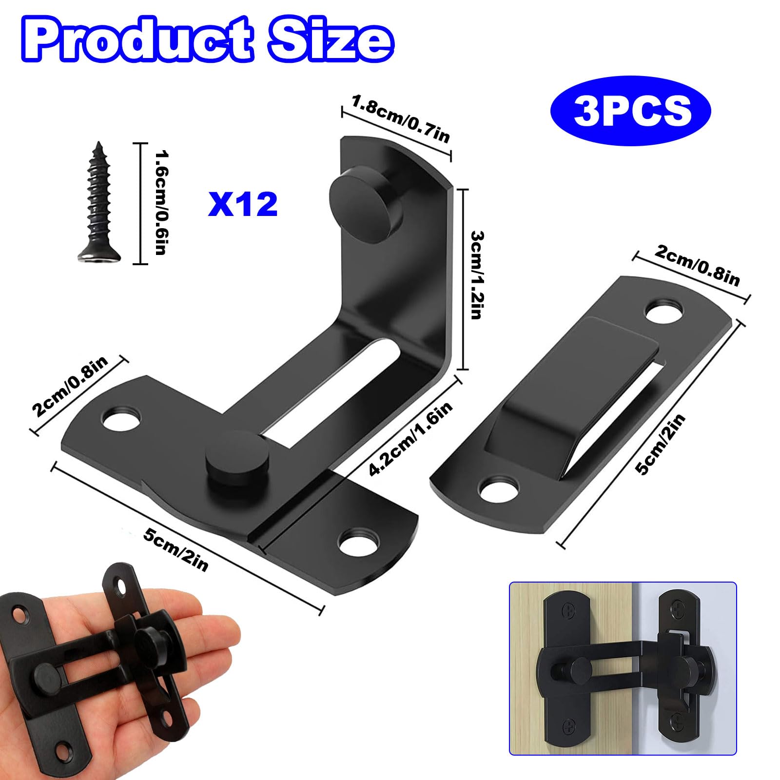 Image secondaire de Serrure à Angle Droit en Acier Inoxydable - Lot de 3 Verrous Noir