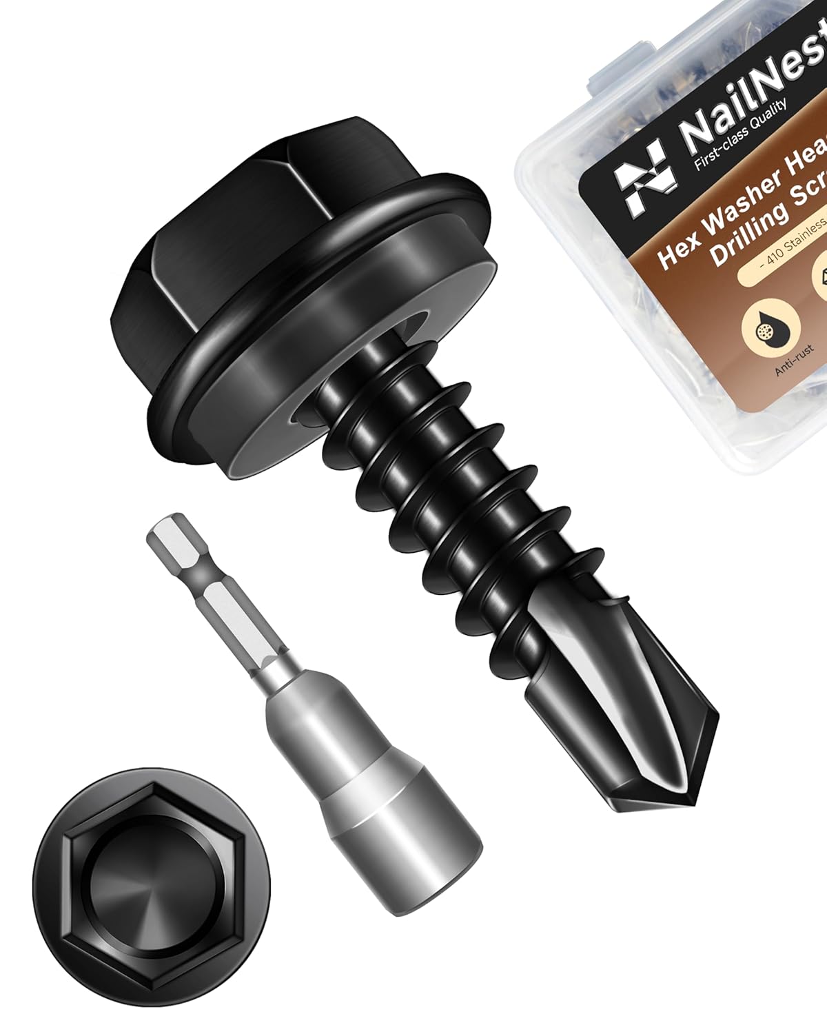 100PCS #10 x 1 Self Drilling Screws, Self Tapping Screws for Metal, 410 Stainless Steel Hex Washer Head Sheet Metal Screw, Bright Finish with 8mm Hex Socket