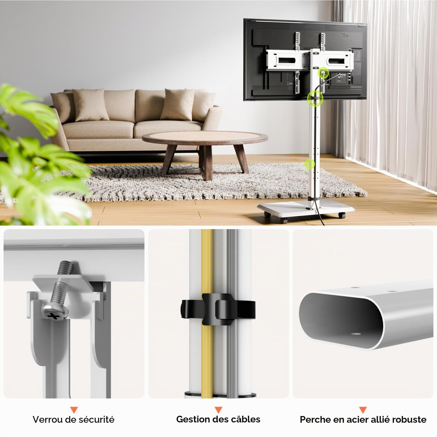 NearHub Support TV sur Pied pour TV 26-70 Pouces, Support TV roulettes Réglable en Hauteur (6 Niveaux), Rotation ±25°, Charge Max 40 kg, Norme VESA 100x100mm-600x400 mm, Blanc