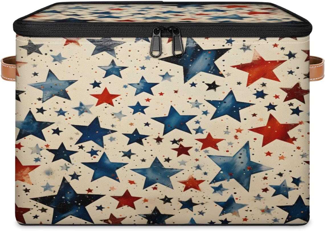 Storage Bin Set of 2 Retro Star Storage Basket with Zipper Lid & Handle Foldable Closet Shelf 2 Pack Cloth Organizer Basket Cube Bins Clothes Organizer for Bedroom, Nursery