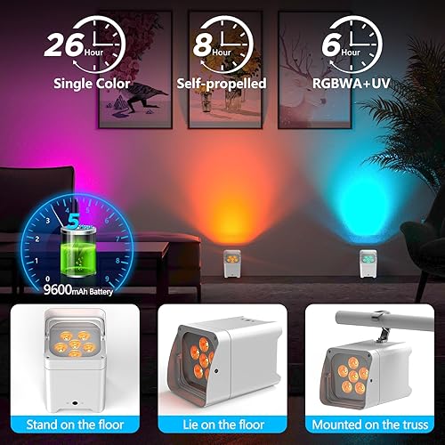 Miniatura 5 de Luces de escenario alimentadas por batería, 9600mAh recargable par puede luces 6x18W RGBWA+UV APPRemoteDMX512Activado por Sonido, luces subidas para