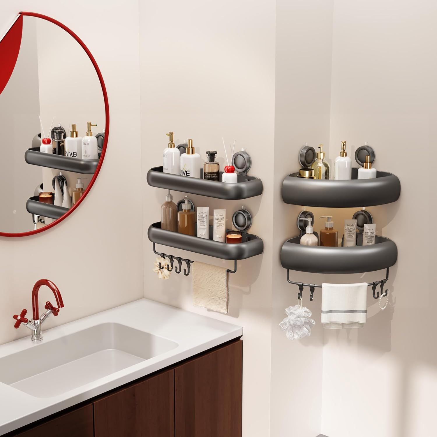 CICUFY Shower Caddy Suction Cup, 2 Pack No Drilling Corner Shower Shelves, Rust Proof Bathroom Storage Organizer, Shower Corner Caddy with Removable Hooks and Towel Bar, Square, Grey image 3