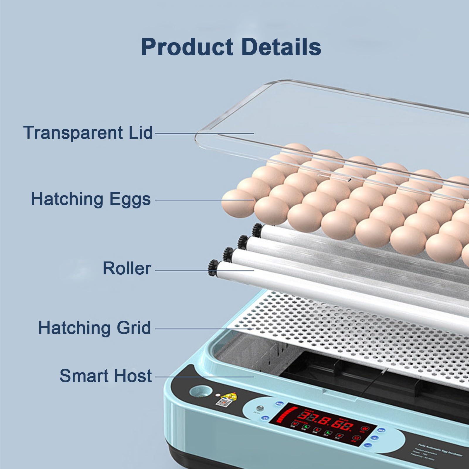Incubadora de huevos con bandeja ajustable, giro automático de huevos, vela de huevo integrada para pollo, pato, codorniz, huevos de ganso, funcionamiento de doble potencia