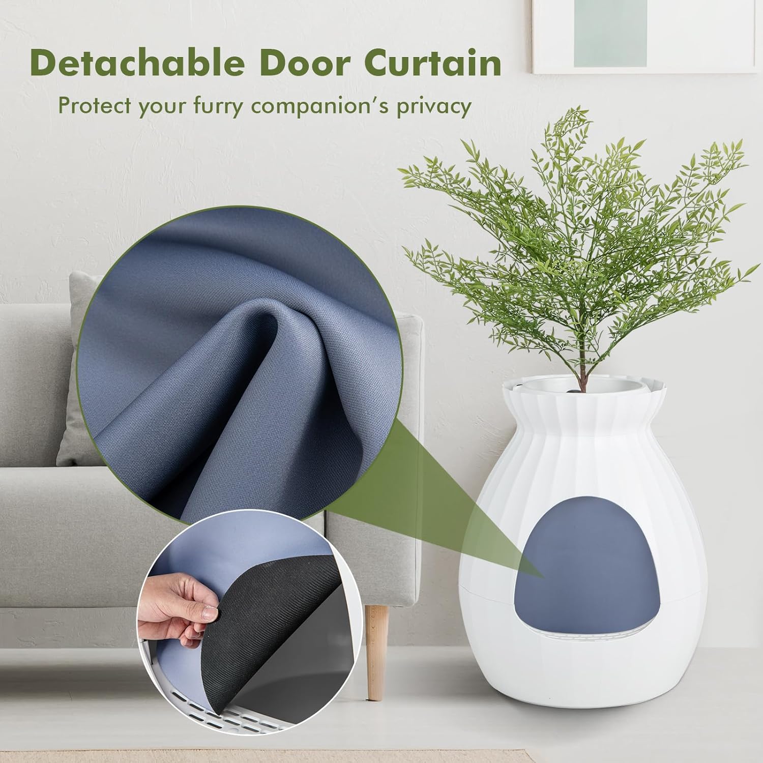 PETSITE White Plant Litter Box, Cat Hidden Litter Box Enclosure with Artificial Plant, Advanced Odor Removal System, Detachable Door Curtain, Cat Litter Scoop, Large Planter Litter Box