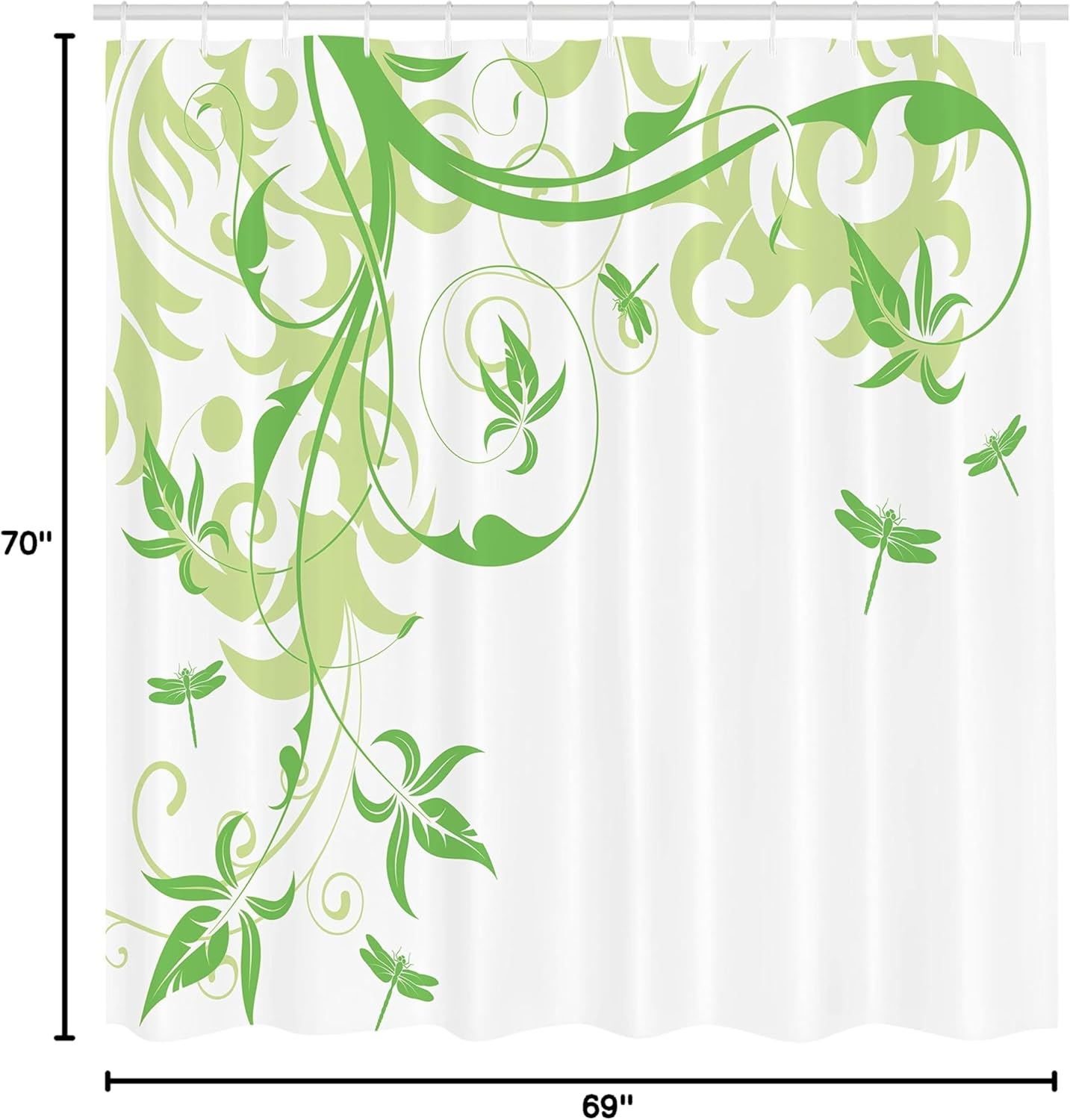 Ambesonne Dragonfly Shower Curtain, Swirled Floral Background Damask Curl Branches and Leaves Print, Cloth Fabric Bathroom Decor Set with Hooks, 69" W x 70" L, Lime Green