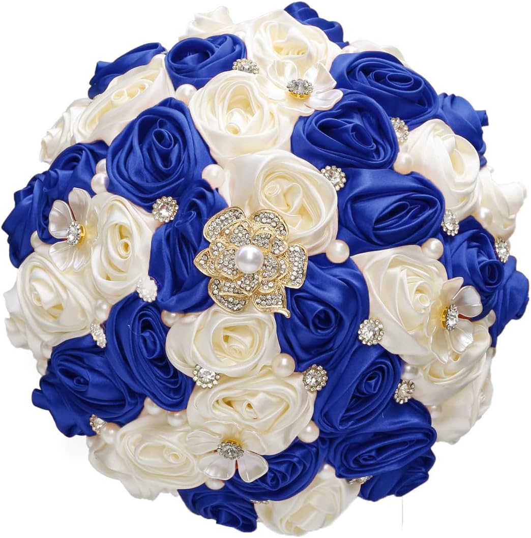 Handmade Wedding Bouquet Round Tossing Artificial Flower Bunch Satin Rose Rhinestone Bridal Bouquet with Pearls Acrylic Flowers for Bride Bridesmaids