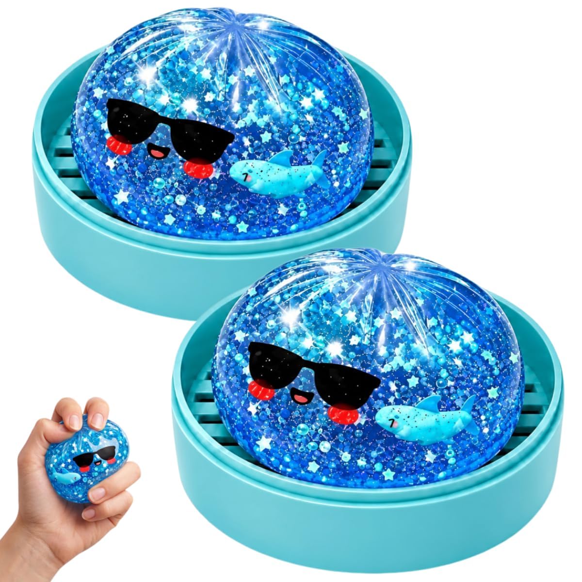 Dumpling Squishi Mystery Box, Glitter Dumplings Squishies Toy, Gold Squeeze Bao Bun Ball Stress Relief Hand Toys with Steamer, Shark Dough Fidget Sensory Toy (2pc-B)