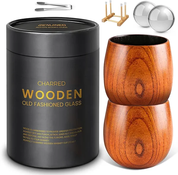 GENUINED Enlarged Charred Wooden Whiskey Glasses Set of 2, Bourbon Gifts for Men, Anniversary Birthday Gifts, Old Fashioned Smoky Wood Bourbon Drinking Glass