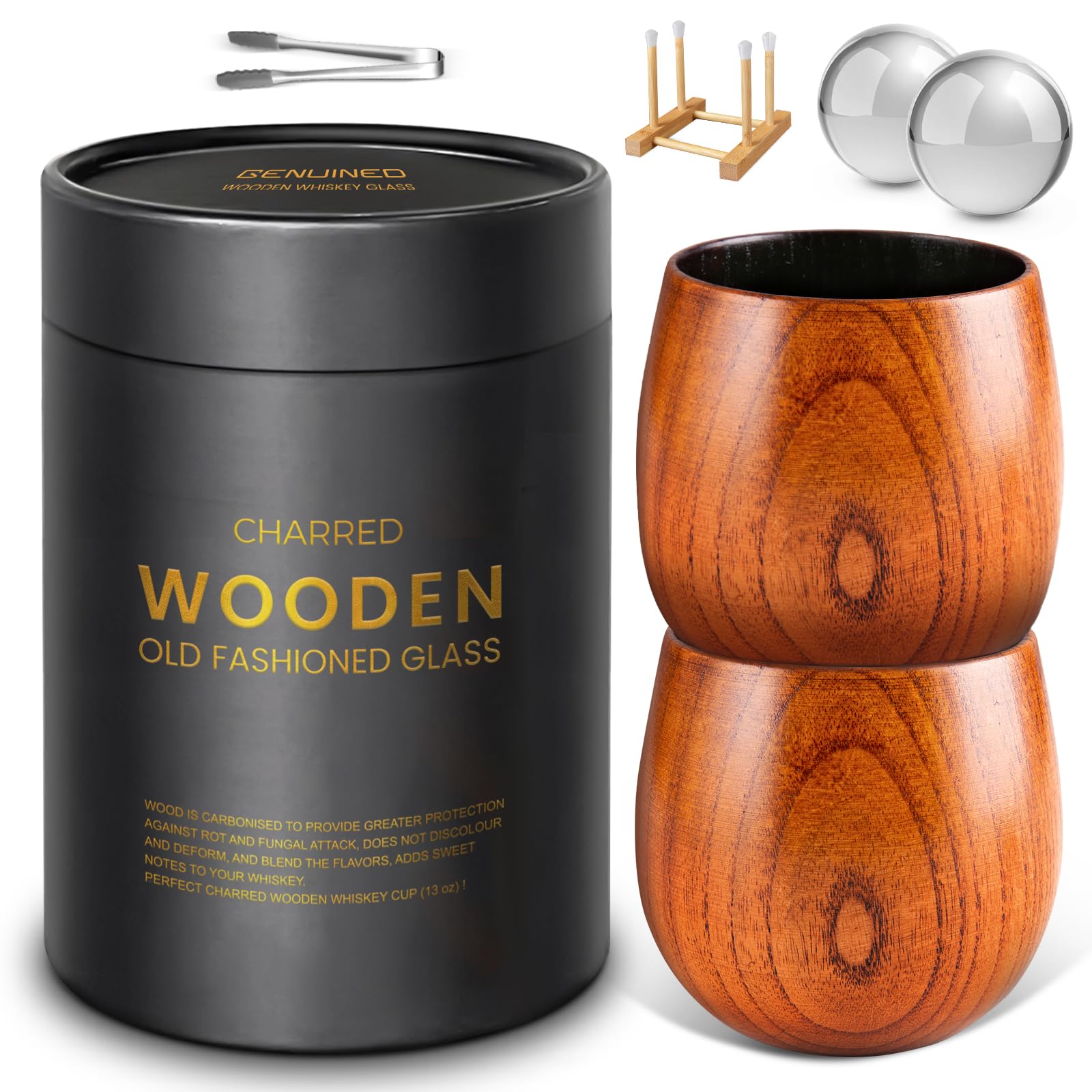 Photo 1 of GENUINED Bourbon Gifts for Men, Charred Wooden Bourbon Drinking Glass, Large Old Fashioned Whiskey Glasses Set of 2, Birthday Anniversary Fathers Day Present for Dad, Husband or Brother