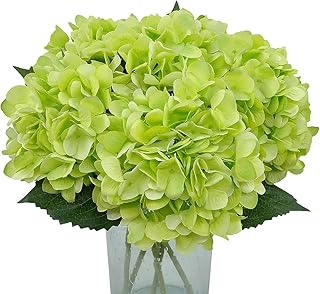 Blooming Paradise 5Pcs Artificial Fake Flowers Plants Silk Hydrangea 1 Flower Head Arrangements Wedding Bouquets Decorations Plastic Floral Table Centerpieces Home Kitchen Garden (Light Green)