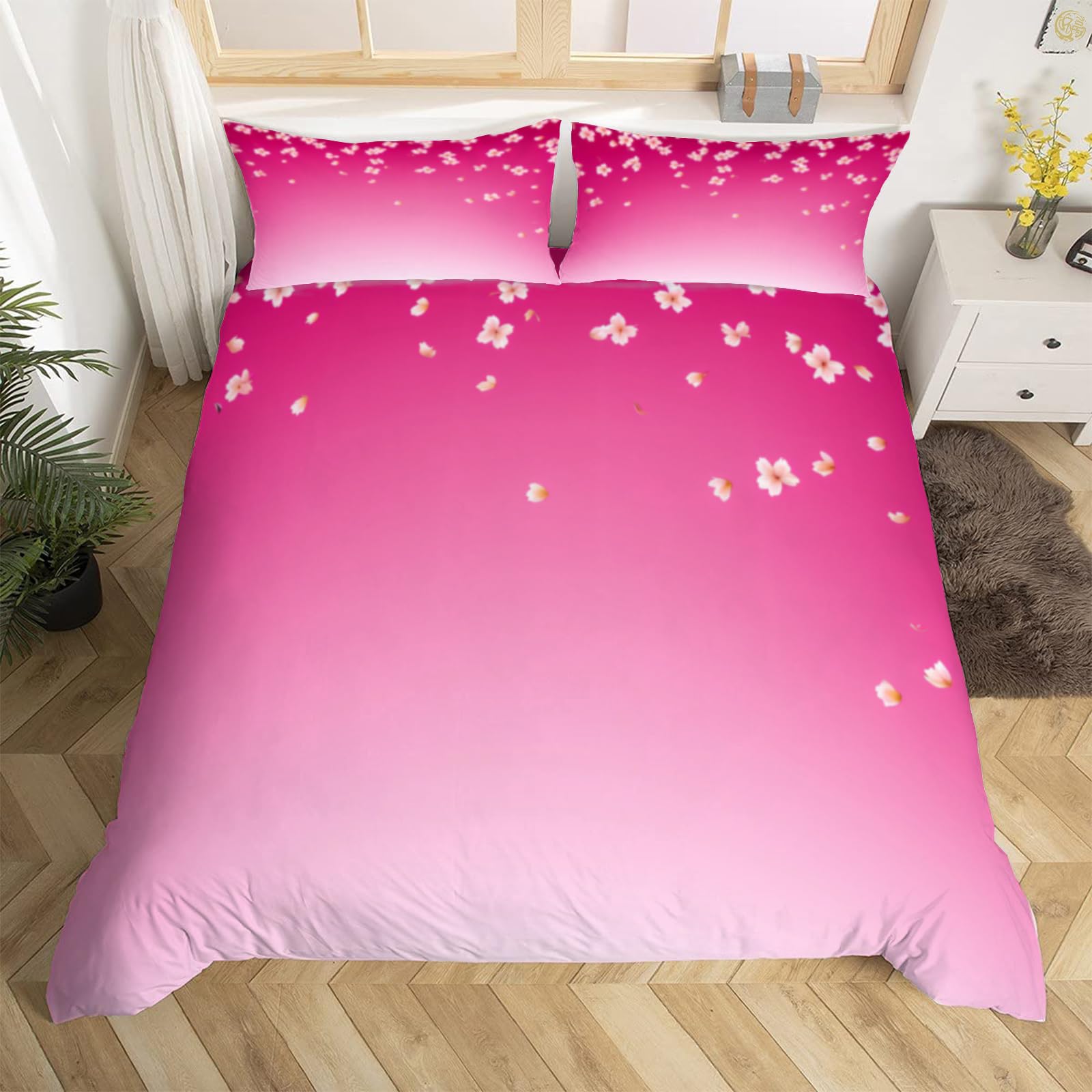 Fleur rose parure lit avec 2 taies d'oreiller pour une chambre ambiance zen et romantique