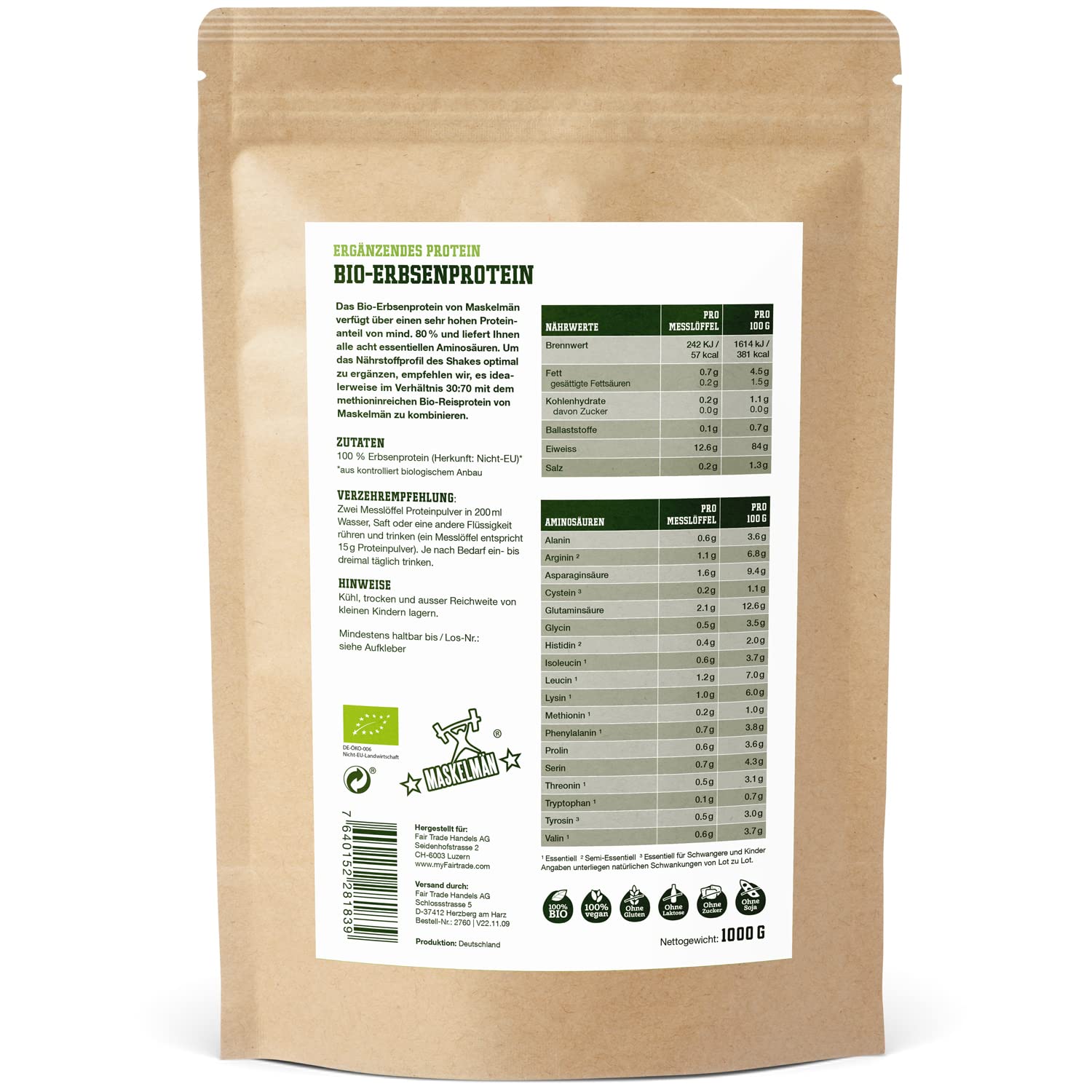 Bio Erbsenprotein Pulver - 1 KG - Erbsenmehl inkl. aller essentiellen Aminosäuren - Veganes Eiweisspulver mit 84% Protein - Unterstützt den Muskelaufbau