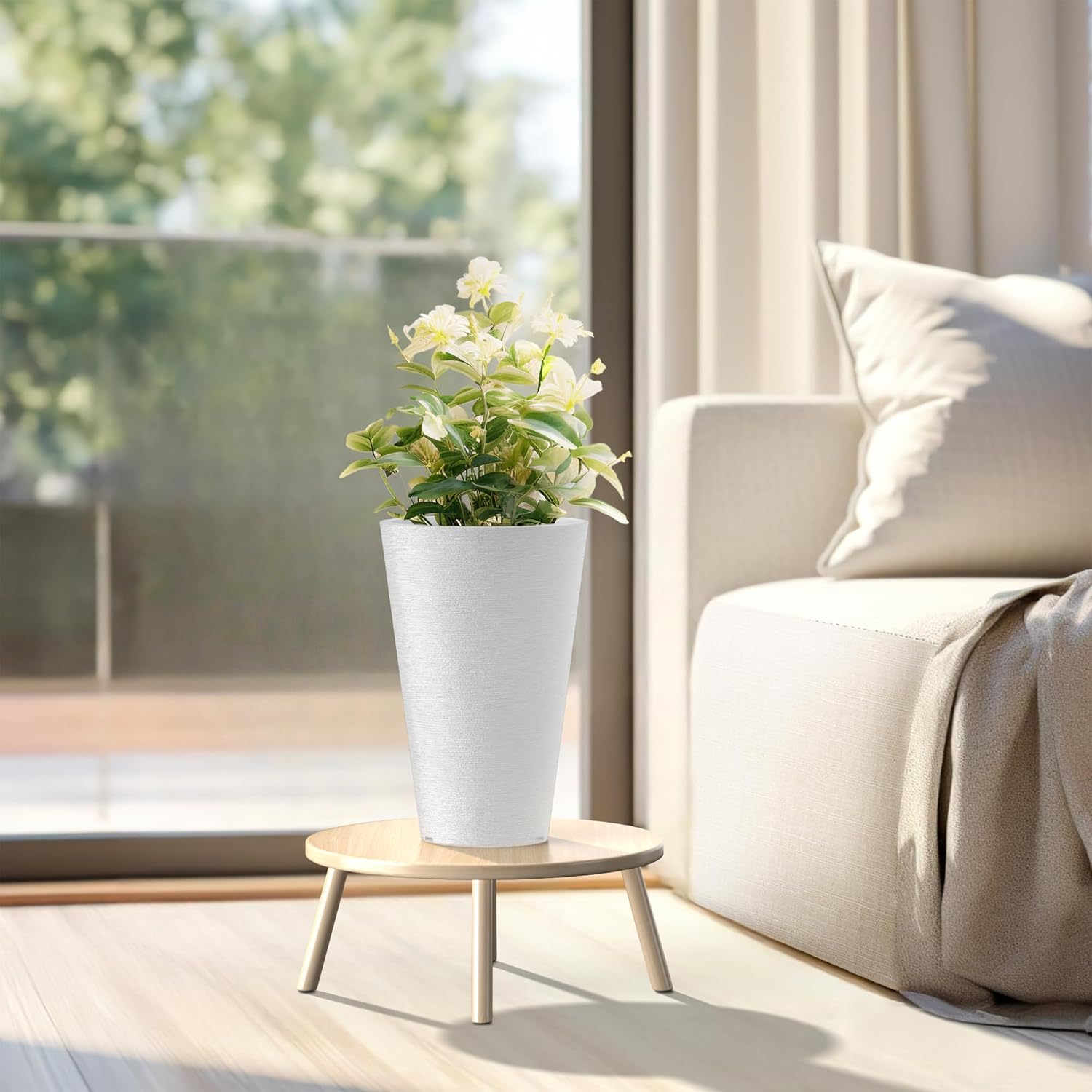 Kante Tall Round Planter Set of 2, 15 Inch Tall Decorative Planter Pots for Outdoor Indoor Garden Patio Front Porch (White)