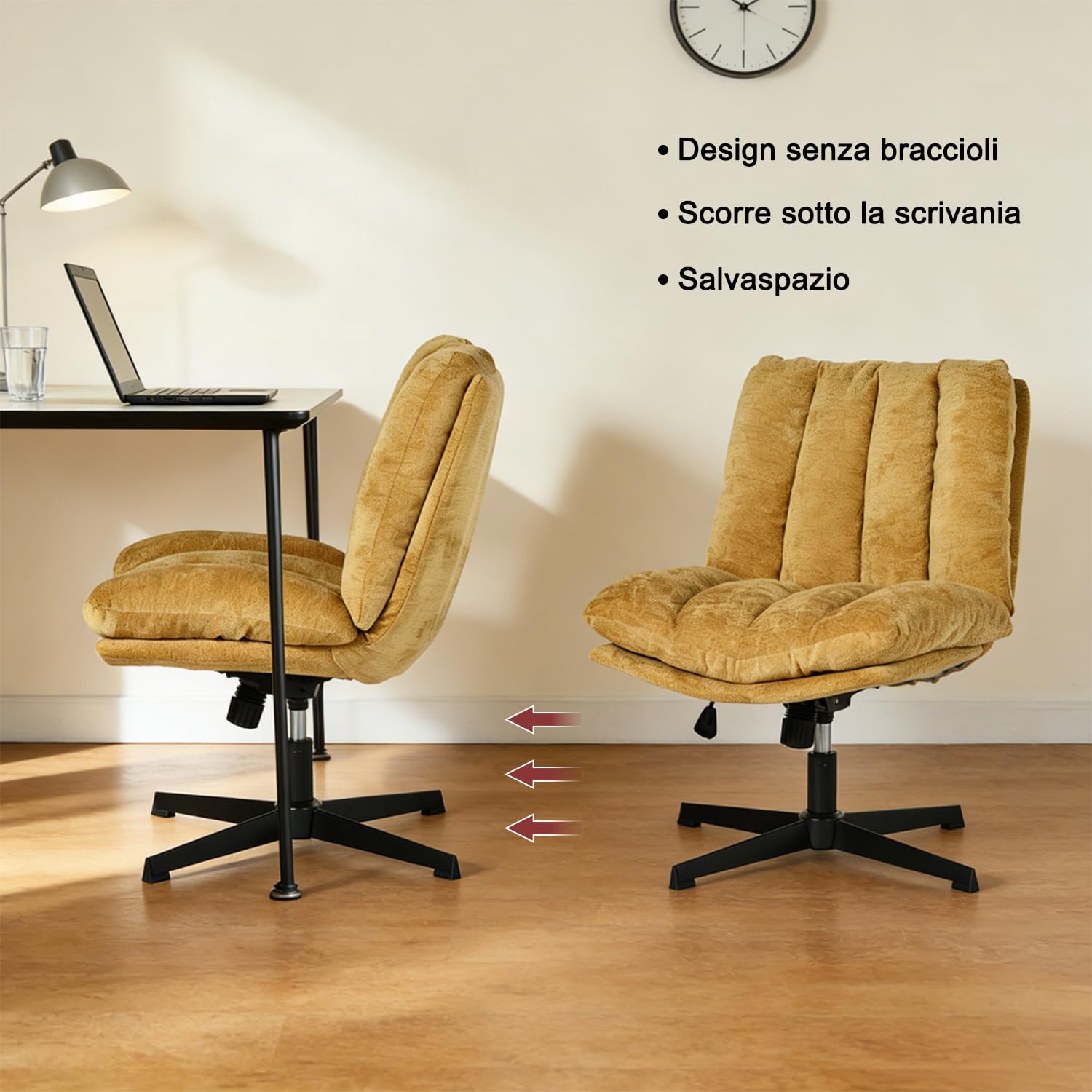 MEUBLE COSY Sedia da Ufficio Girevole Regolabile in Altezza, Poltrona da Scrivania Seduta in Tessuto per Studio, Funzione di Inclinazione Libera, Senza Ruote, Giallo