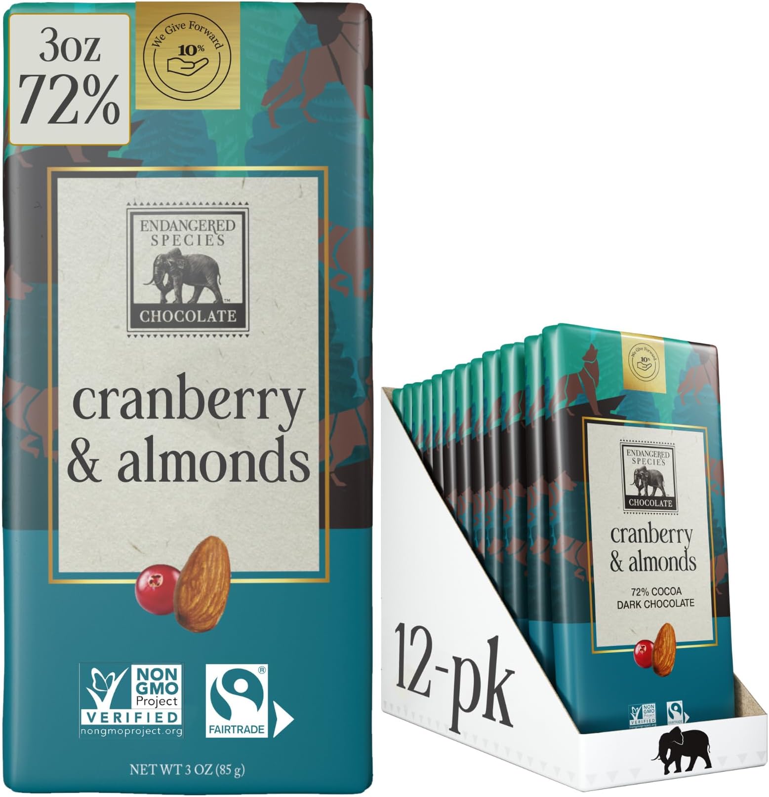 Endangered Species Dark Chocolate Bar w/Cranberries & Almonds (72% cocoa)