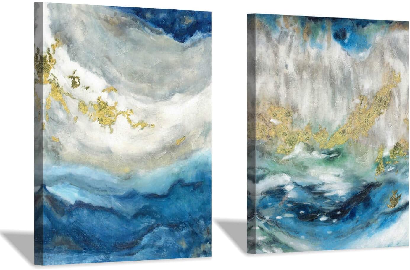 Abstract Painting Canvas Wall Art: Blue Picture Hand Painted Artwork for Living Room (24'' x 18'' x 2 Panels)