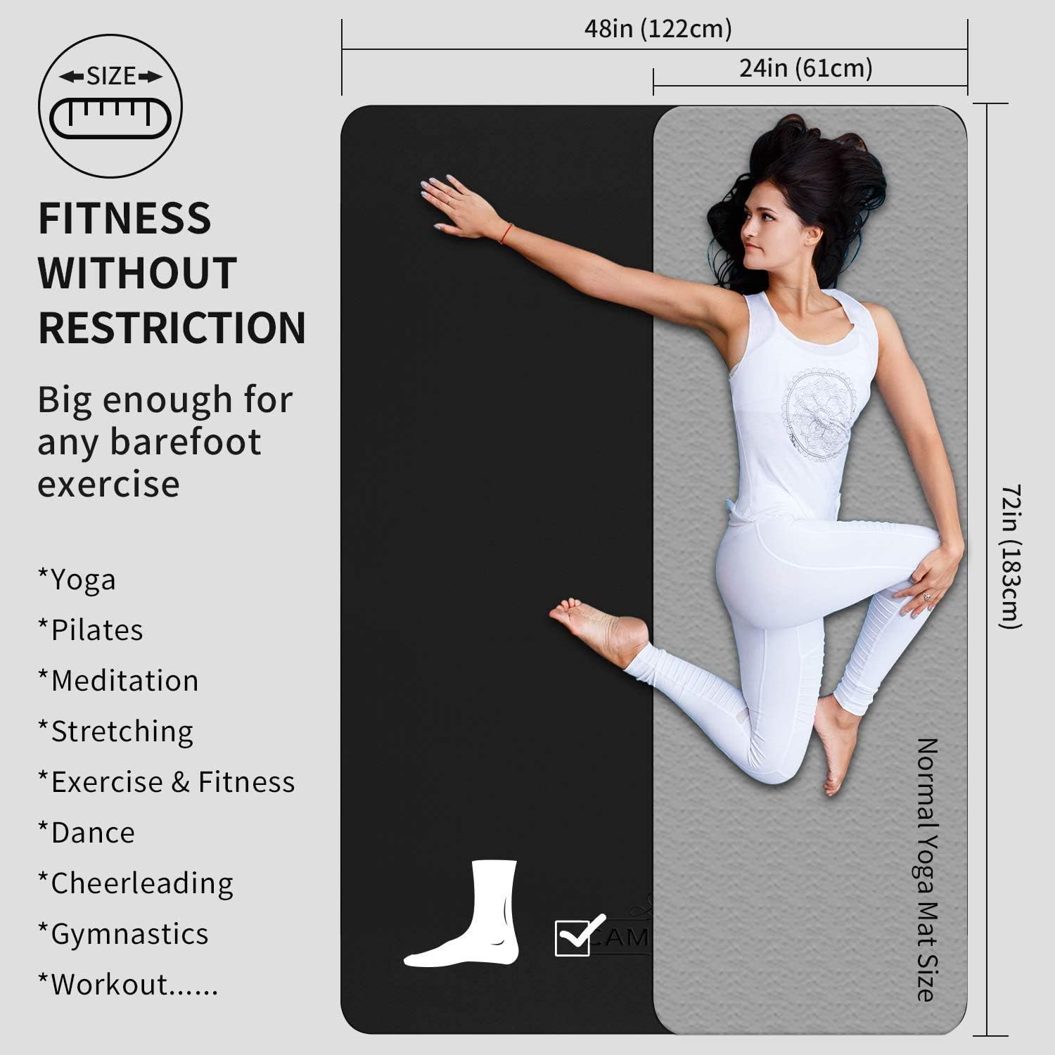 CAMBIVO Large Yoga Mat (6' x 4' x 6mm), Extra Wide TPE Mat for Men and Women, Exercise Fitness Mat for Home Gym, Yoga, Pilates, Workout (Black) : Sports & Outdoors