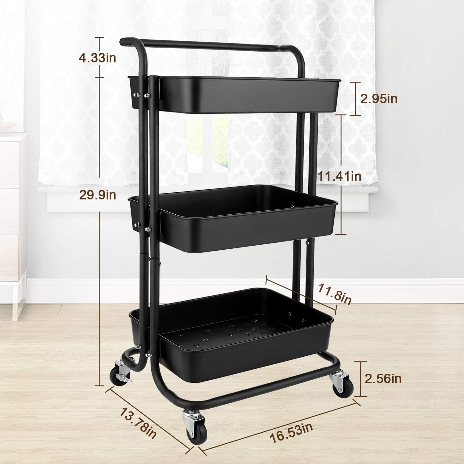 BATHWA 3-Tier Rolling Utility Cart Storage Shelves Multifunction Storage Trolley Service Cart with Mesh Basket Handles and Wheels Easy Assembly for Bathroom, Kitchen, Office (Black)