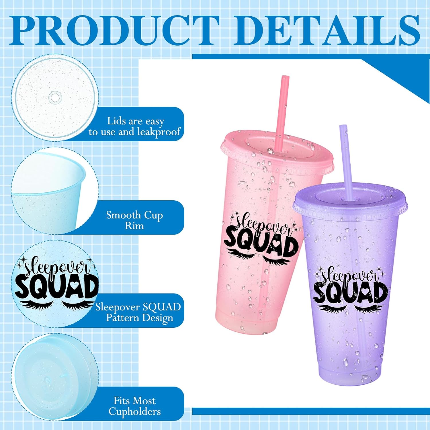 Reallnaive 6 Pcs Sleepover Party Supplies for Girls Sleepover Squad Cups with Lids and Straws 24 oz Plastic Slumber Party Tumbler Coffee Cup for Birthdays Slumber Spa Favors (Glitter Multicolor)