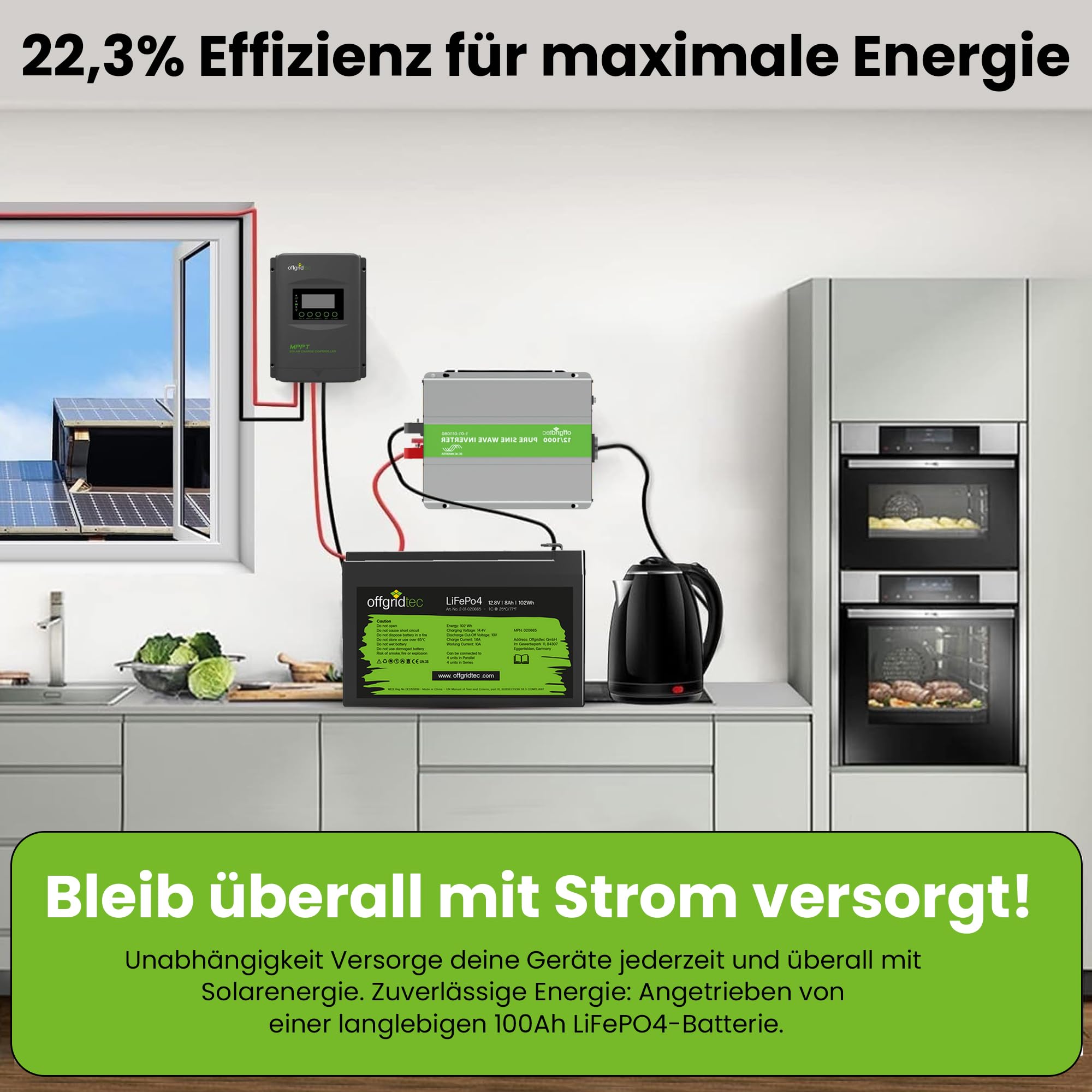 Offgridtec Autark Pro M 200W Solaranlage, 1500W AC Leistung, 100Ah LiFePO4 Akku, MPPT Laderegler mit Display, Plug & Play, Sinus-Spannungswandler, USB-Ausgänge, Für Wohnmobil und autarke Haushalte