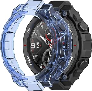 Compatible With Amazfit T-Rex/T-Rex Pro Watch Case With Band, Transparency TPU Protective Case Cover And Soft Silicone Replacement Straps For Huami Amazfit T-Rex Smartwatch(Black Band Blue Case