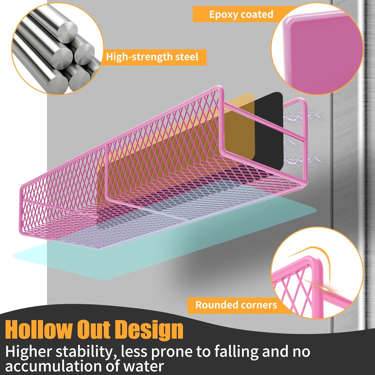 Magnetic Spice Rack for Refrigerator, 7 Pack Metal Magnetic Shelf, Moveable Magnetic Storage Fridge Organizer Pink, Spice Organizer, Hook Rack, Paper Towel Holder, Cutting Board Holder, HM5470